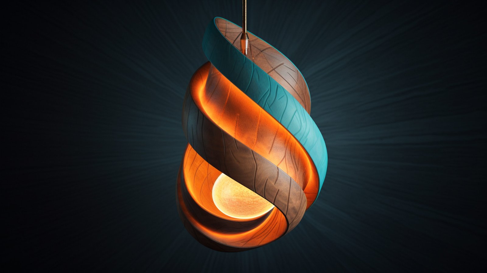 wooden lamp shaped like a big spiral hanging, in the style of photorealistic rendering, dark orange and light cyan, soft edges and blurred details, daz3d, dynamic energy flow, rim light, modern --ar 16:9 --v 5.2 Job ID: 919a0c3f-58c6-4044-8291-778b1ea39a6f